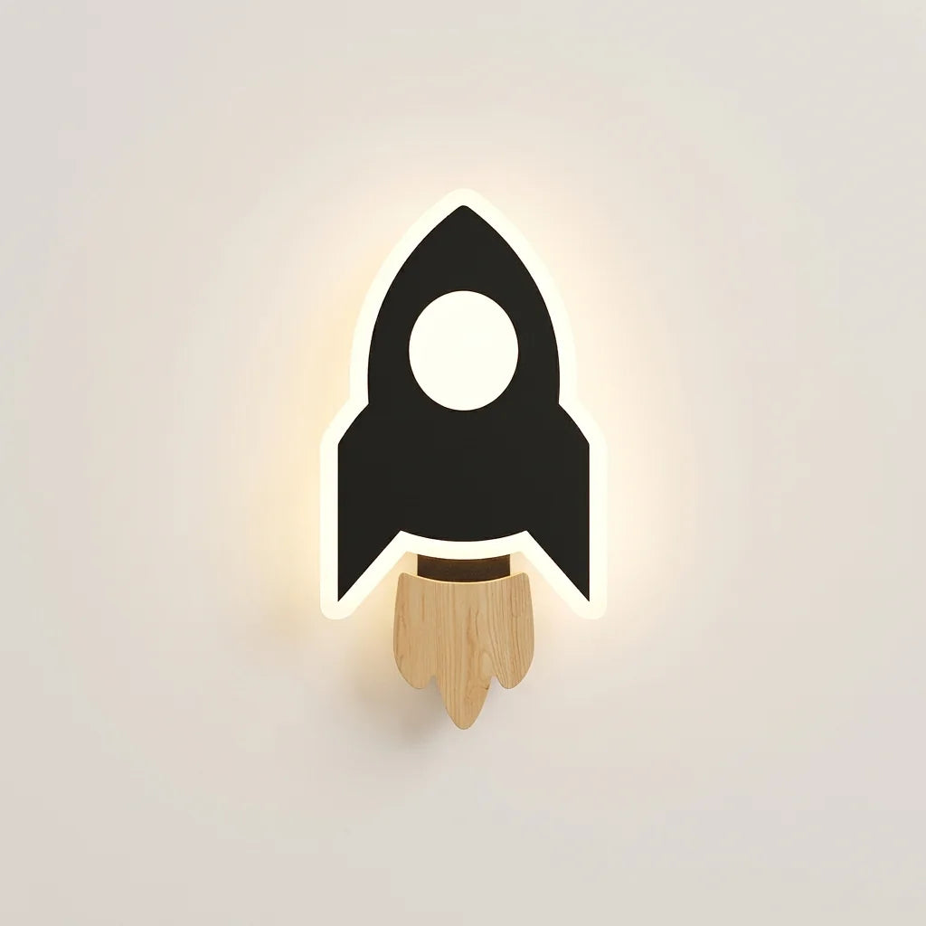 Applique murale LED fusée noire et flamme en bois