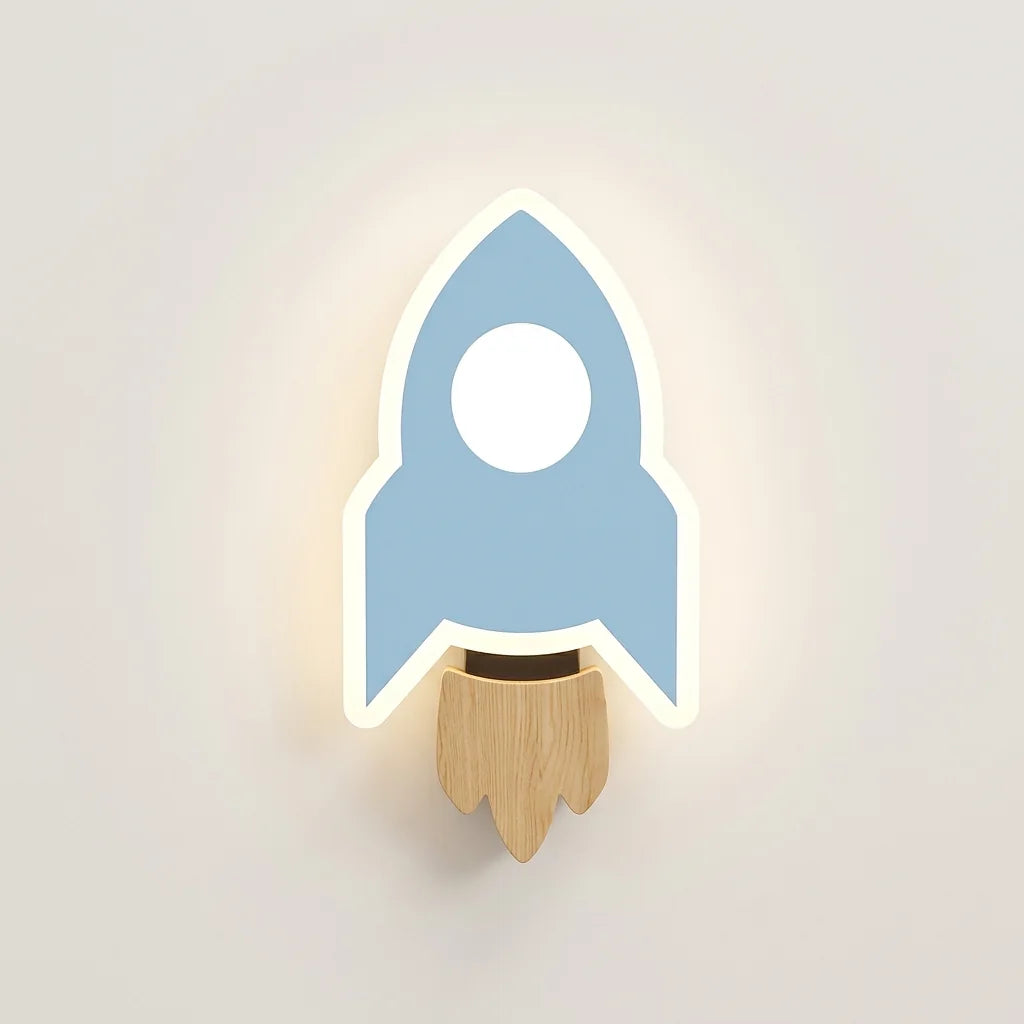 Applique murale LED fusée bleue pour chambre d'enfant, allumée