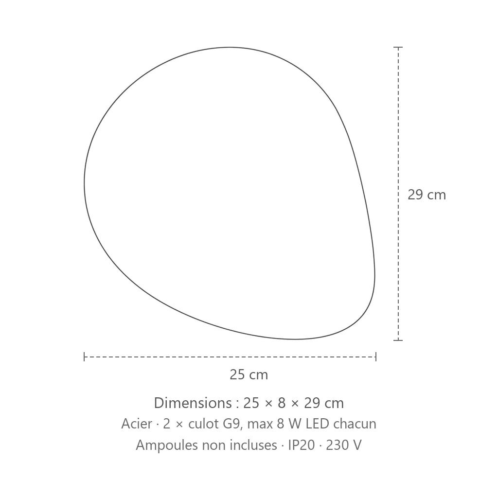Dimensions : applique murale galet lumineux en acier, 25 × 8 × 29 cm