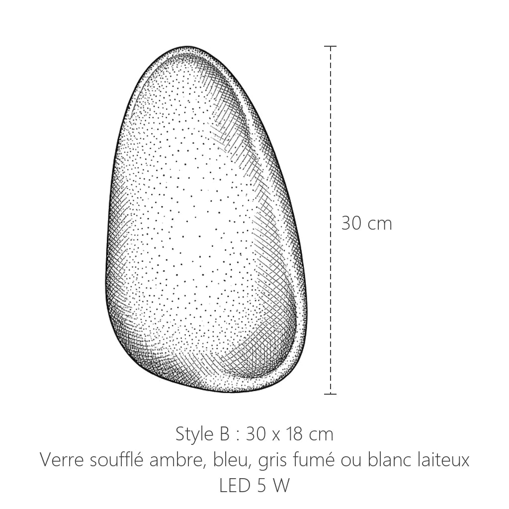 Dimensions du galet en verre soufflé : 30 x 18 cm