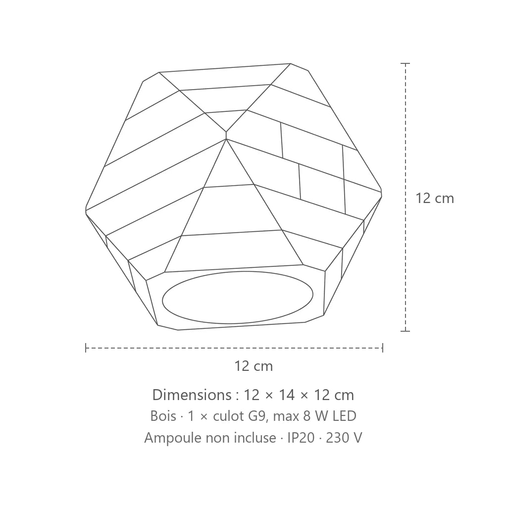 Dimensions : applique murale géométrique en bois naturel, 12 × 14 × 12 cm