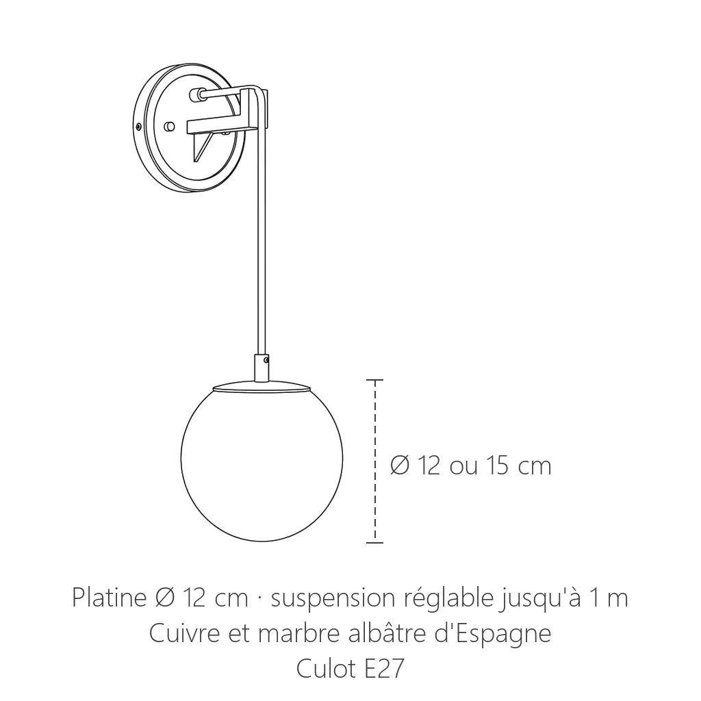 Dimensions de l'applique globe en albâtre : Ø 12 ou 15 cm, platine Ø 12 cm