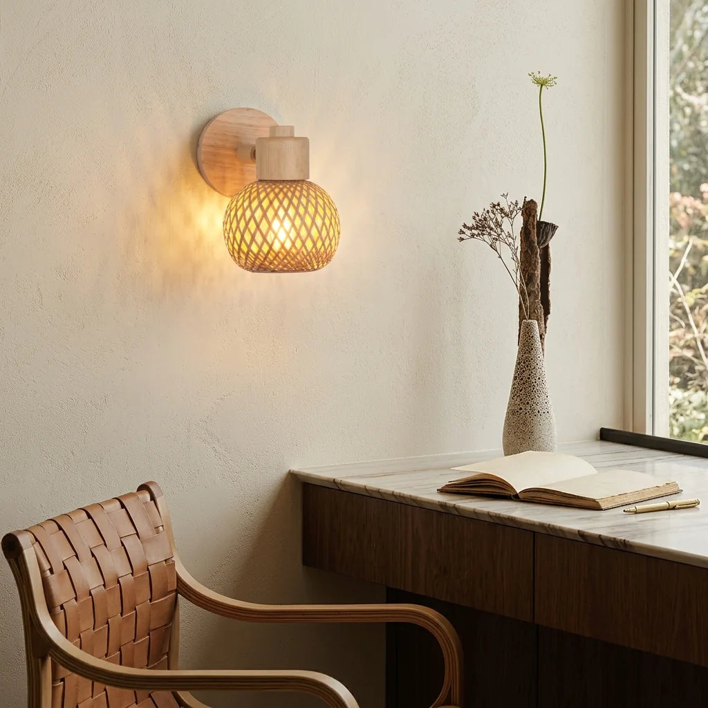 Applique globe en bambou au-dessus d'un bureau en bois