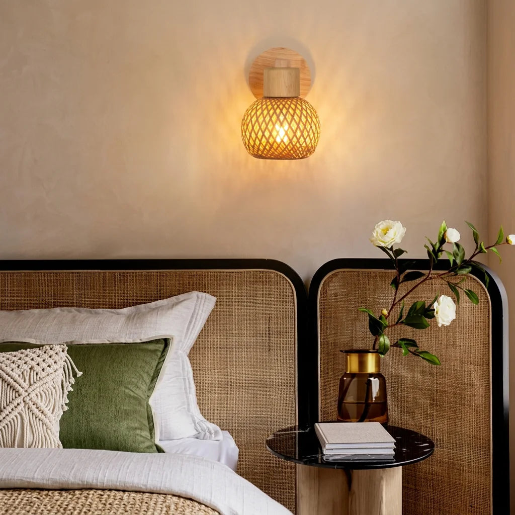 Applique globe en bambou au-dessus d'un chevet, tête de lit cannée