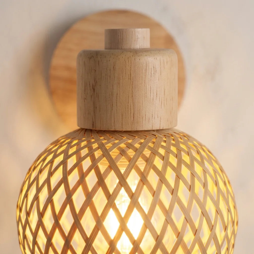 Tressage du bambou et cache-douille en bois de l'applique vus de près