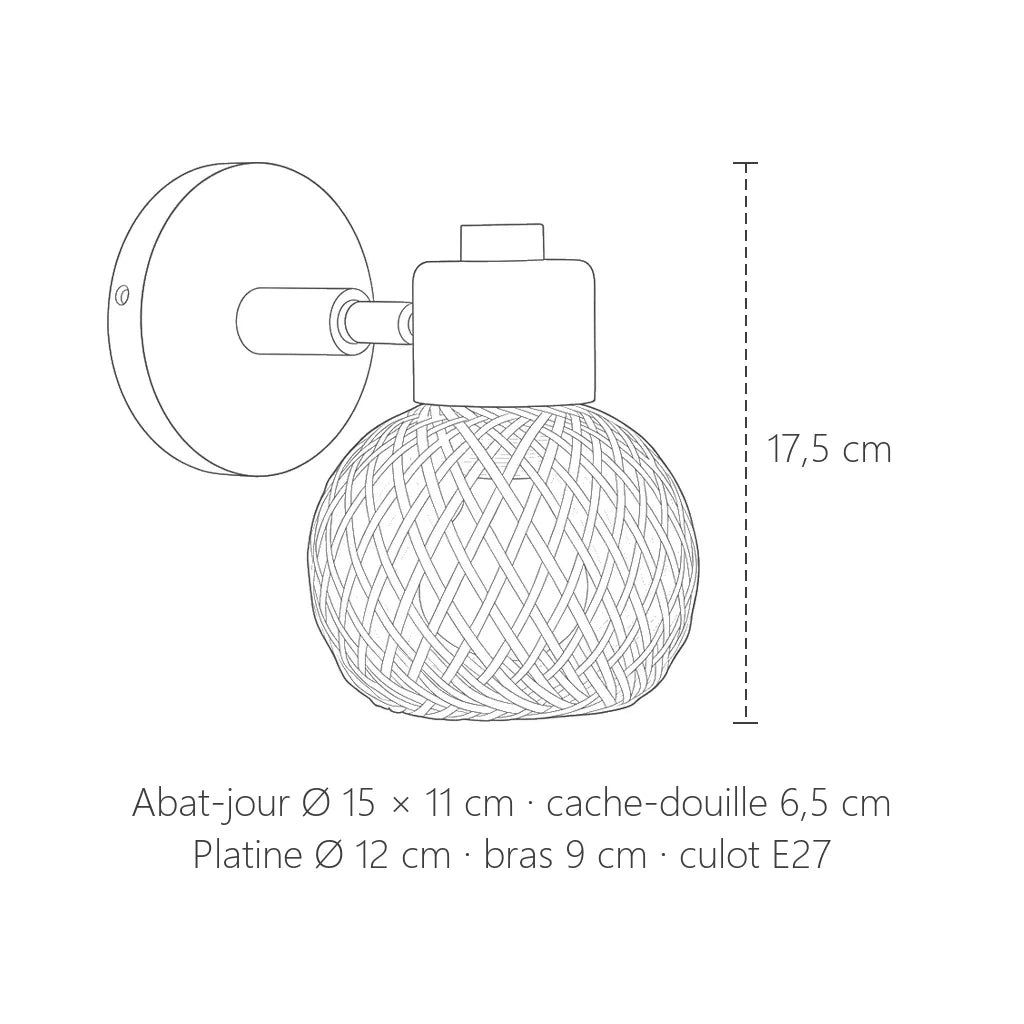 Dimensions de l'applique globe en bambou : abat-jour Ø 15 cm