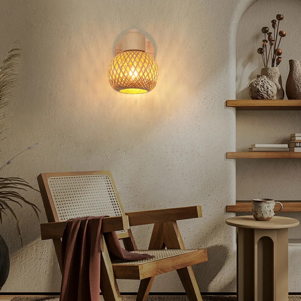 Applique en bambou tressé dans un salon wabi-sabi avec fauteuil canné