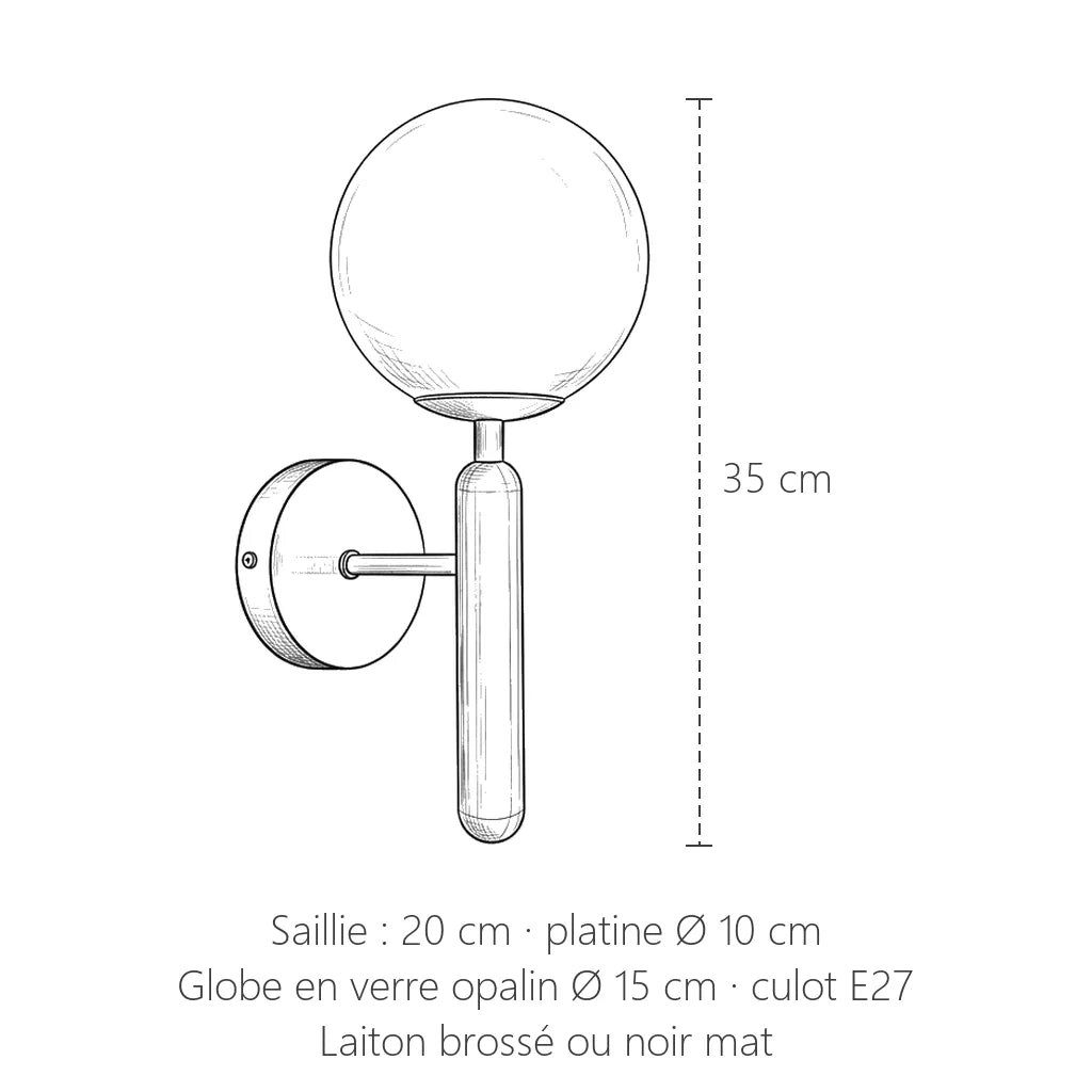 Dimensions de l'applique globe et cylindre : 35 cm de haut, 20 cm de saillie