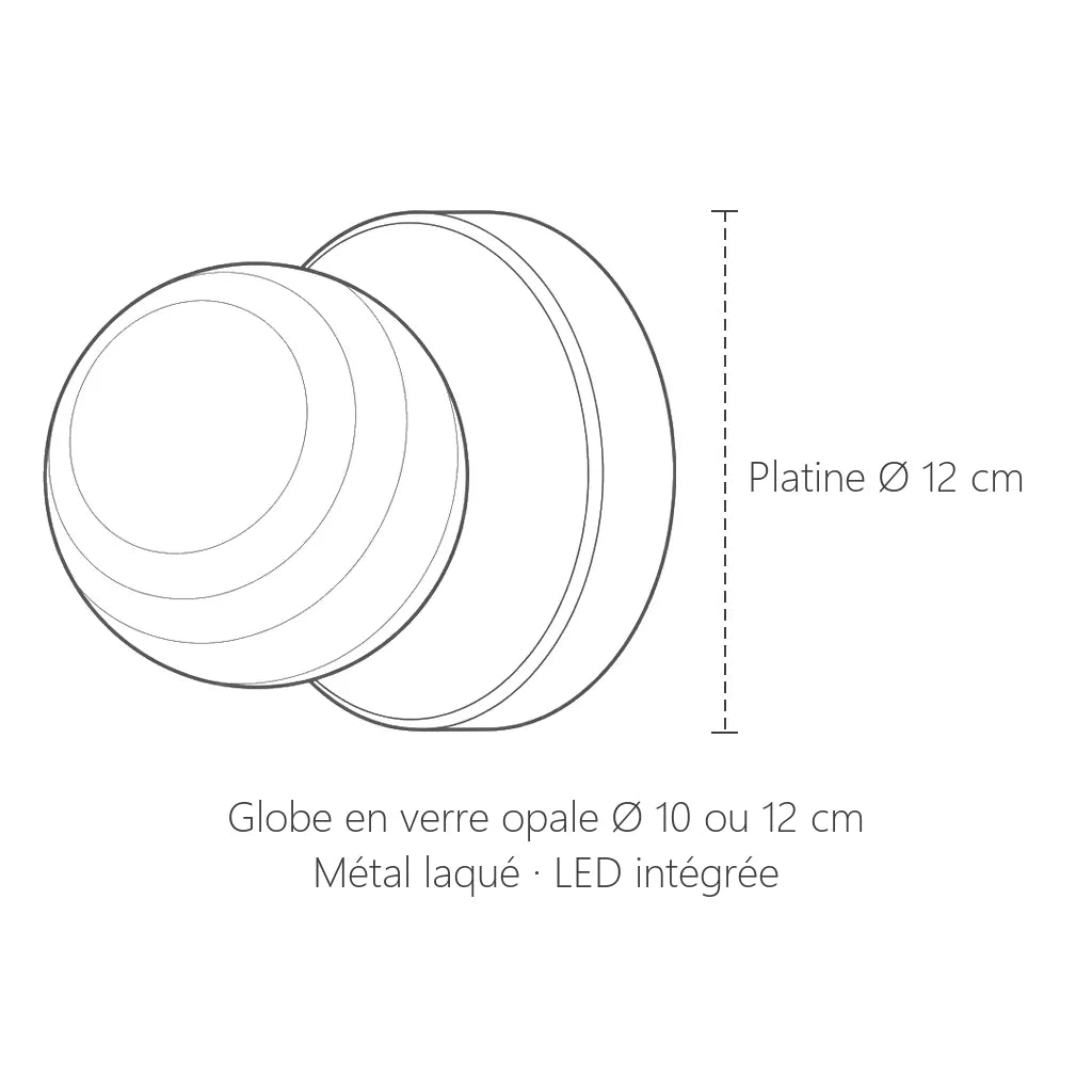 Dimensions de la mini applique macaron : platine Ø 12 cm, globe Ø 10 ou 12 cm