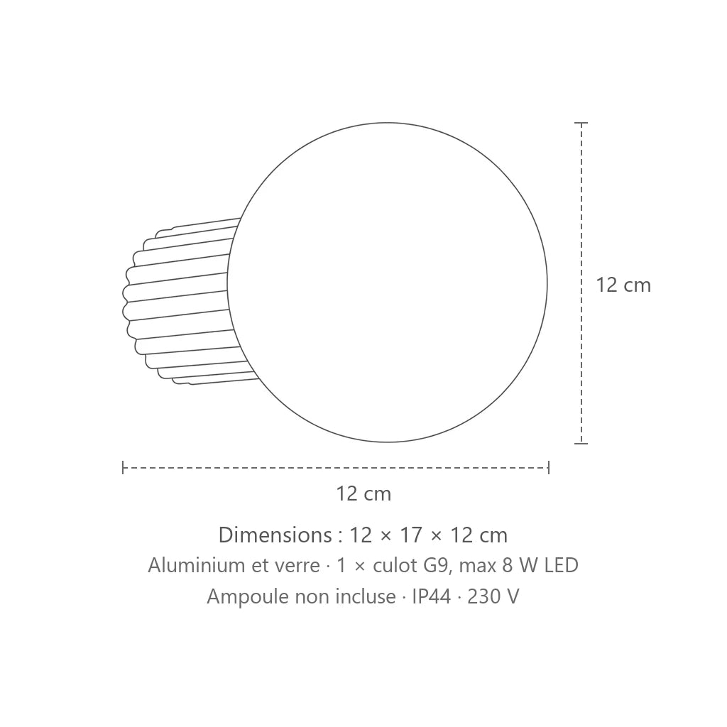 Dimensions : applique murale globe opale sur cylindre cannelé, 12 × 17 × 12 cm