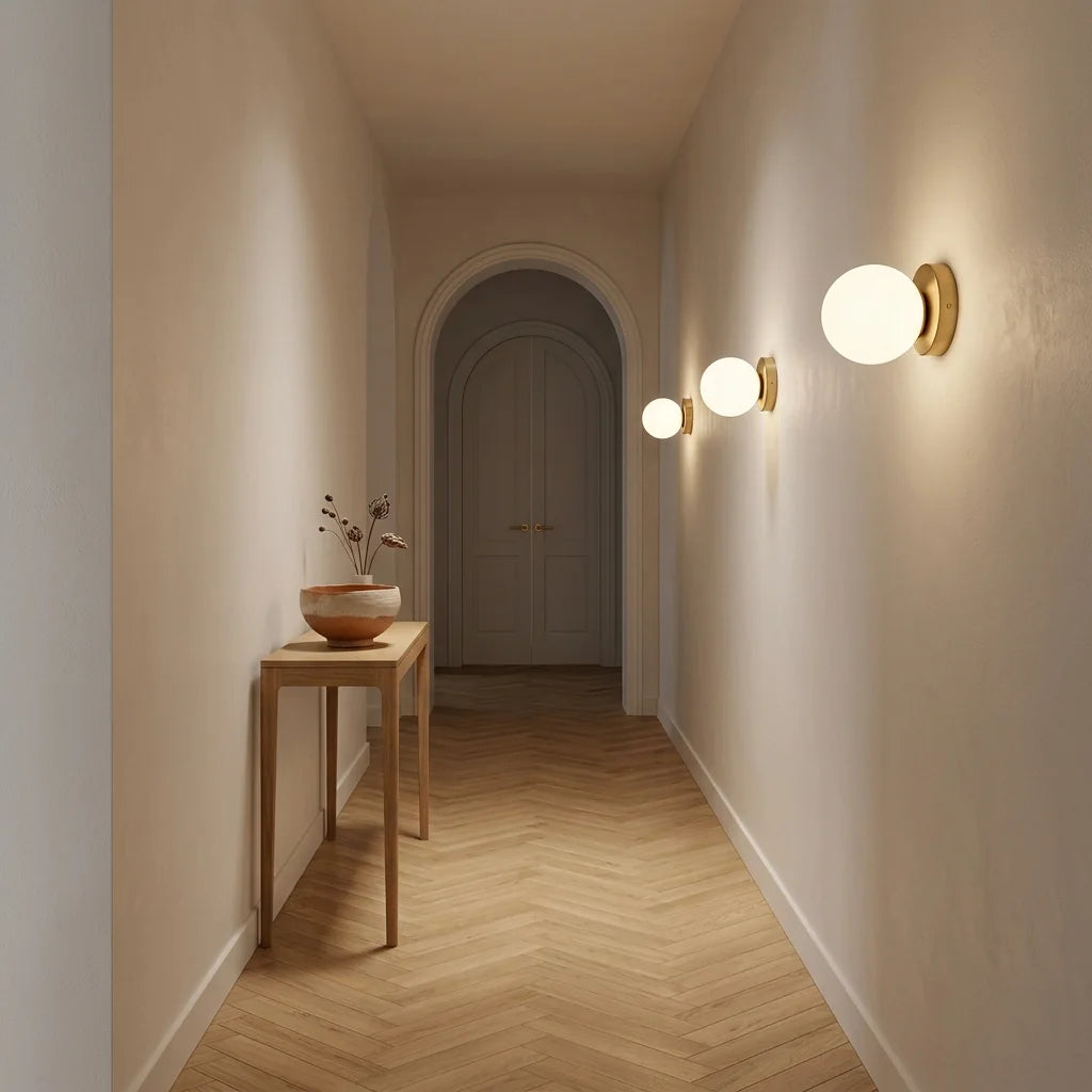 Trois appliques boule en verre le long d'un couloir à parquet en chevrons