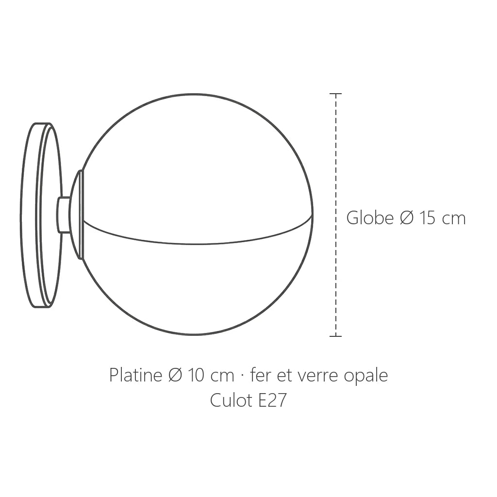 Dimensions de l'applique boule en verre : globe Ø 15 cm, platine Ø 10 cm