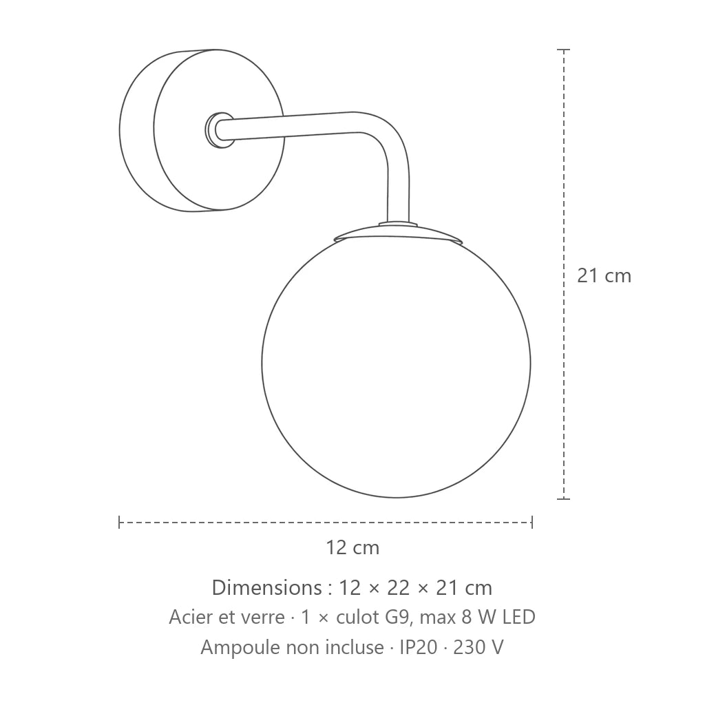Dimensions : applique murale globe opalin sur bras coudé, 12 × 22 × 21 cm