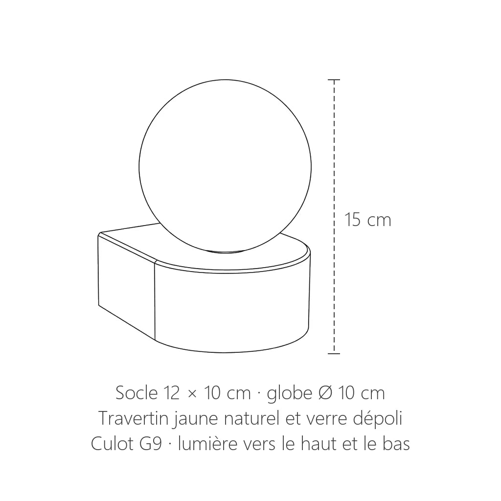 Dimensions de l'applique globe sur travertin : 15 cm de haut, socle 12 × 10 cm, globe Ø 10 cm