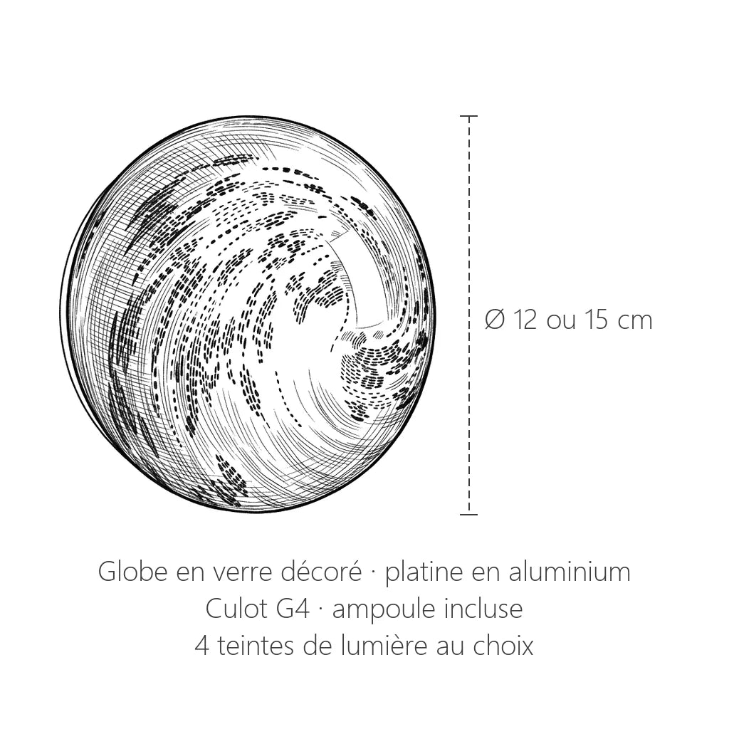 Dimensions de l'applique globe en verre : diamètre 12 ou 15 cm
