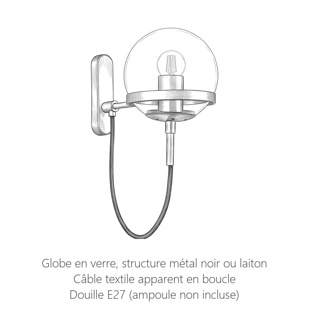 Schéma technique de l'applique globe en verre à cordon