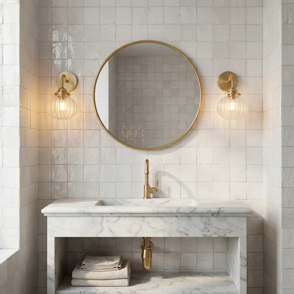 Paire d'appliques en laiton et verre autour d'un miroir, salle de bain en zellige