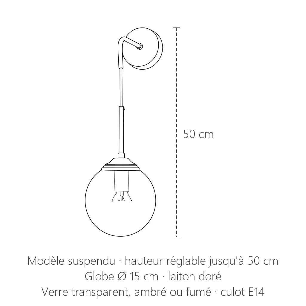 Dimensions de l'applique suspendue : 50 cm de haut, globe Ø 15 cm
