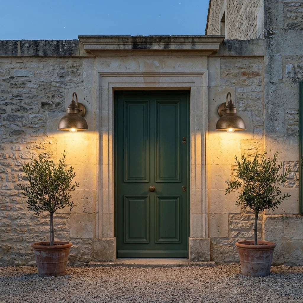Deux appliques grange bronze de part et d'autre d'une porte verte