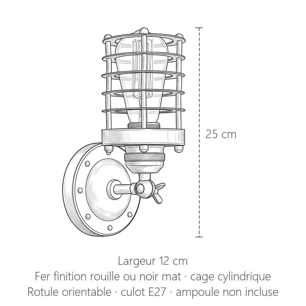 Dimensions de l'applique industrielle à cage : 25 cm de haut, 12 cm de large