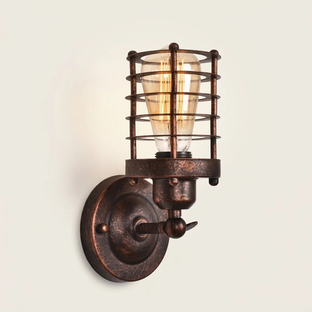 Applique murale industrielle cage en fer rouillé, ampoule Edison
