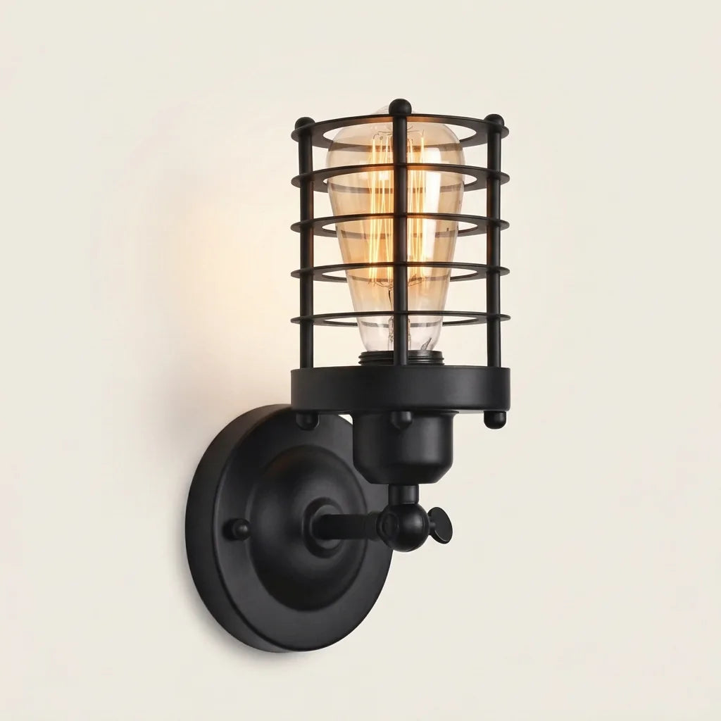 Applique murale industrielle cage en fer noir, ampoule Edison