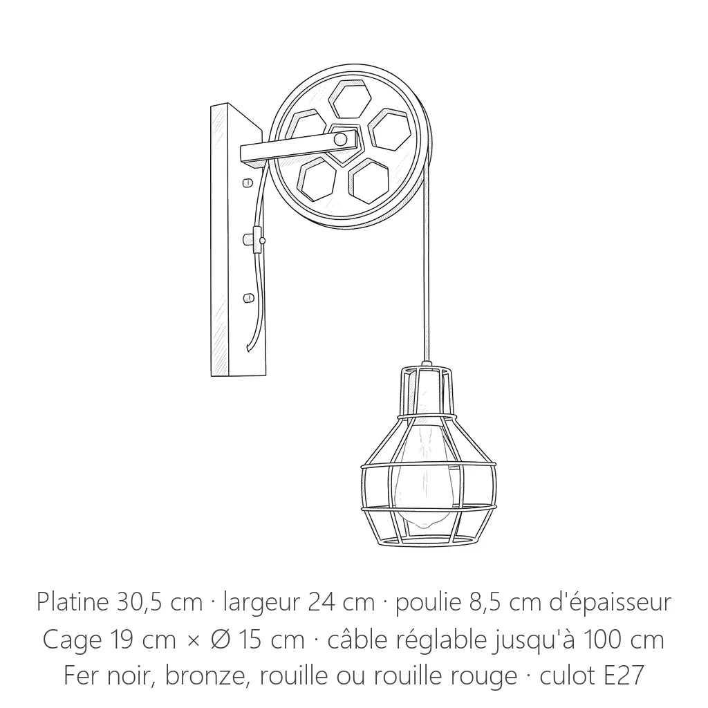 Dimensions de l'applique à poulie : platine 30,5 cm, largeur 24 cm, cage Ø 15 cm