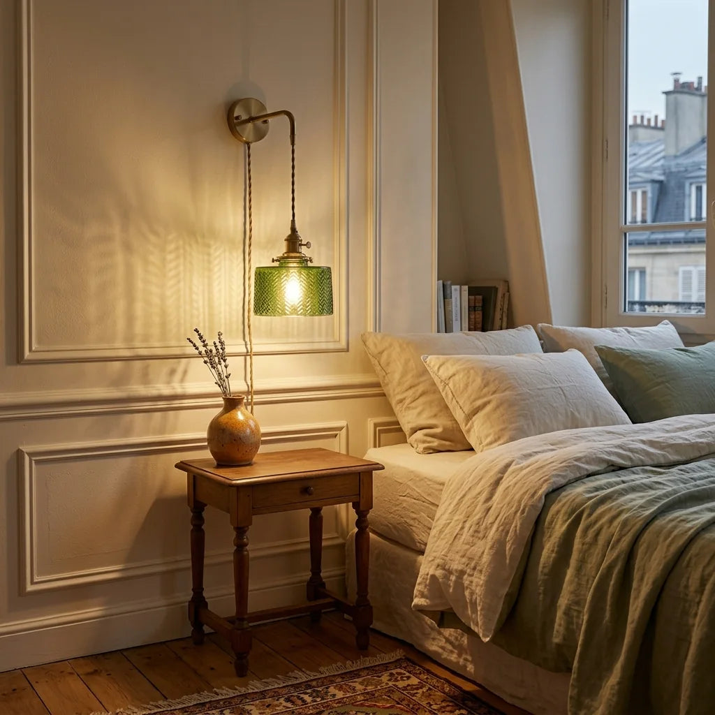 Applique en verre vert au-dessus d'une table de chevet, chambre haussmannienne