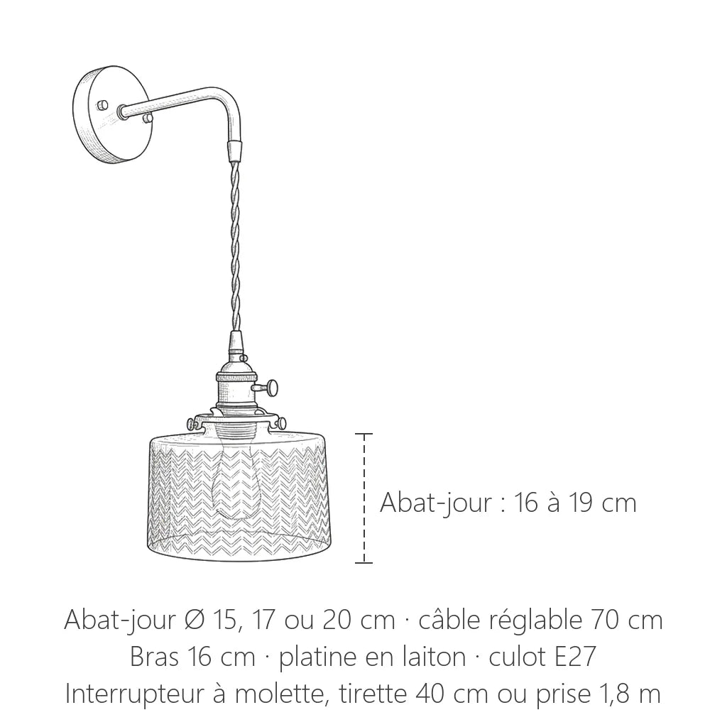 Dimensions de l'applique vintage en laiton et verre : abat-jour de 16 à 19 cm