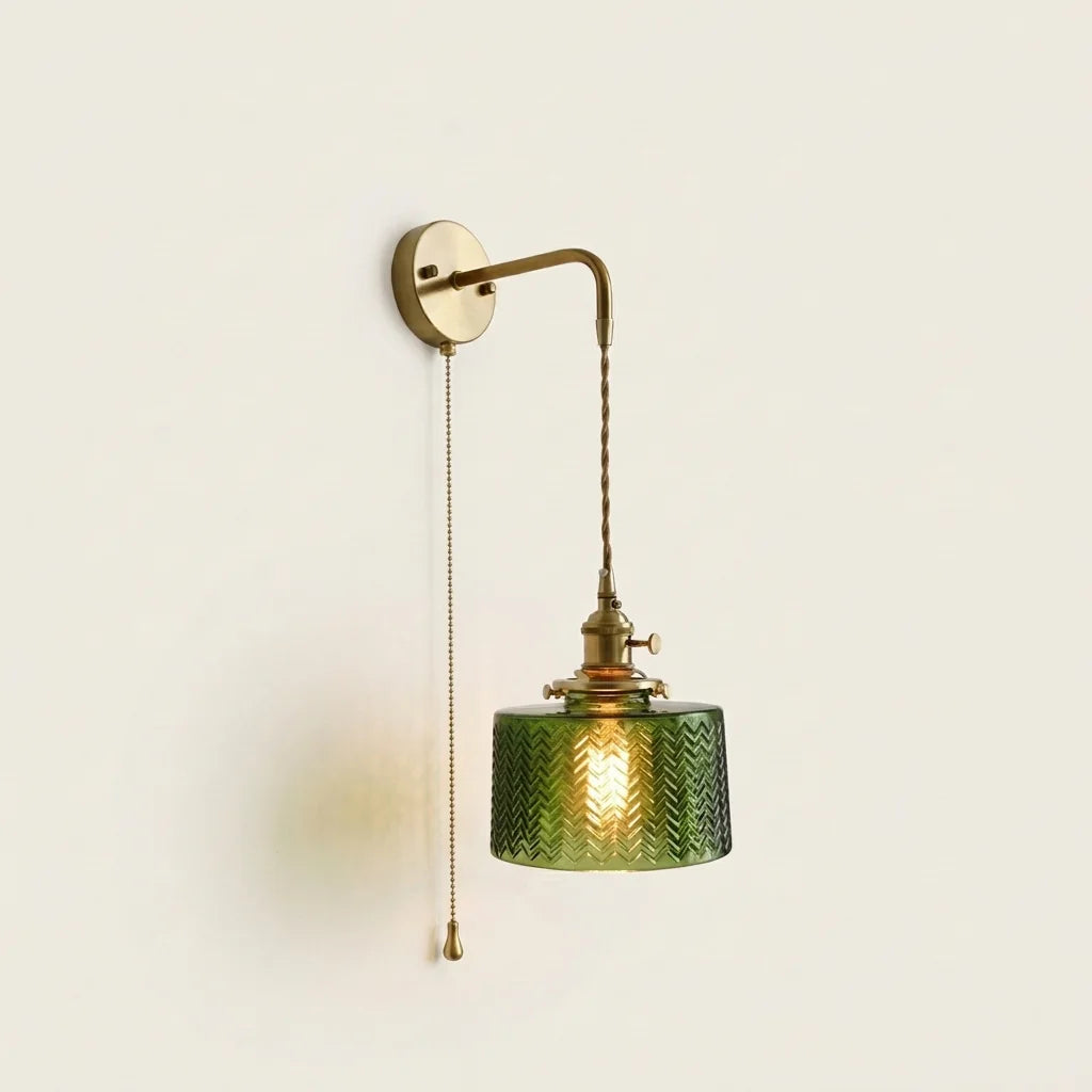 Applique vintage en laiton et verre vert avec interrupteur à tirette