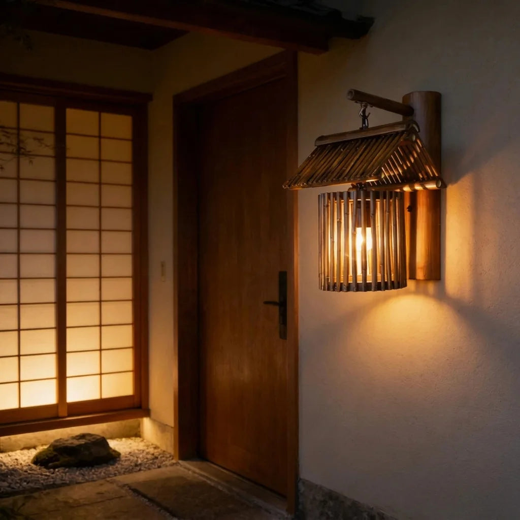Applique lanterne en bambou près d'une porte d'entrée en bois, le soir