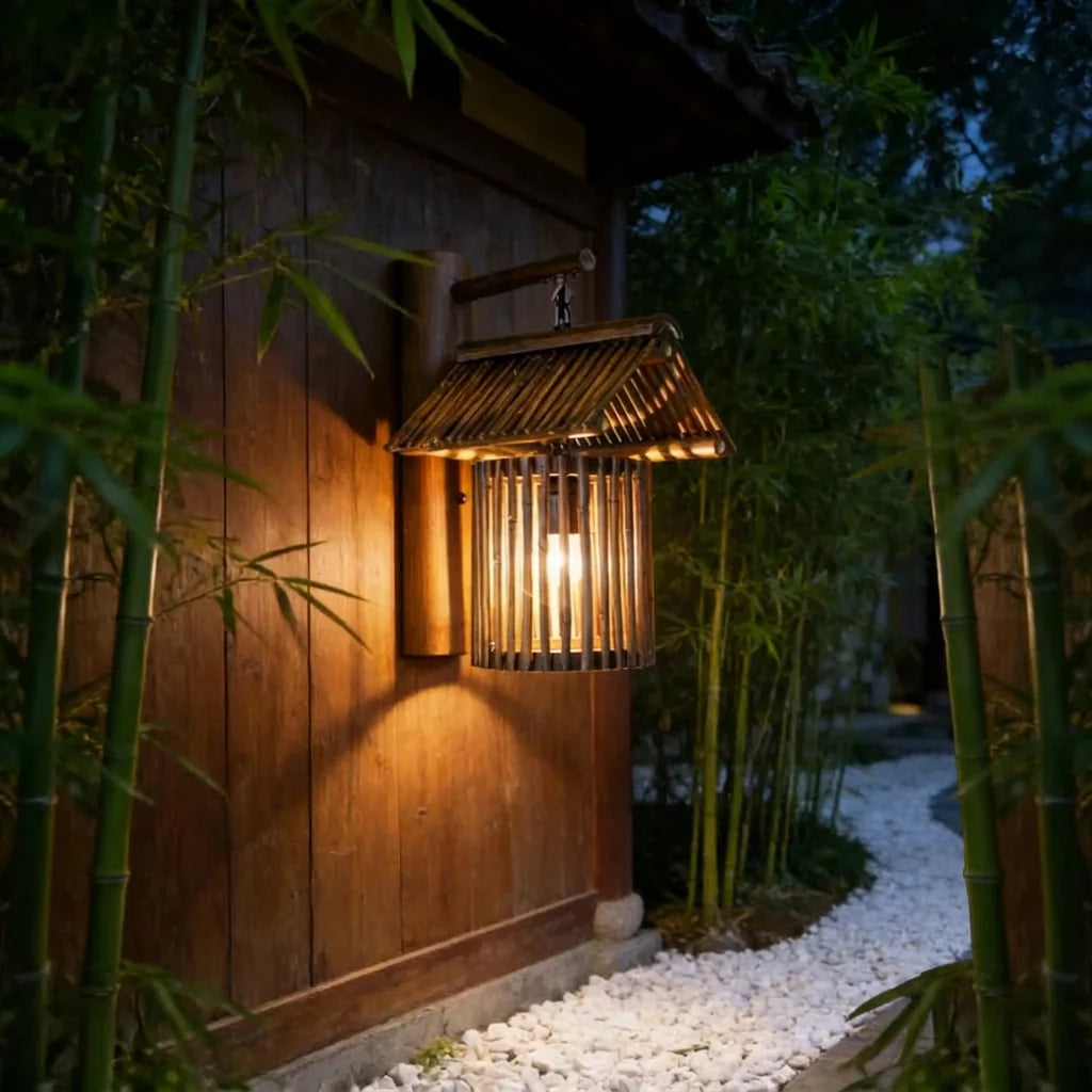 Applique lanterne en bambou sur une façade en bois dans un jardin de bambous