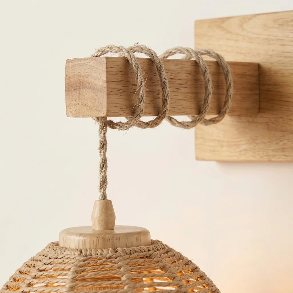 Bras en bois entouré de corde de jute et abat-jour tressé vus de près