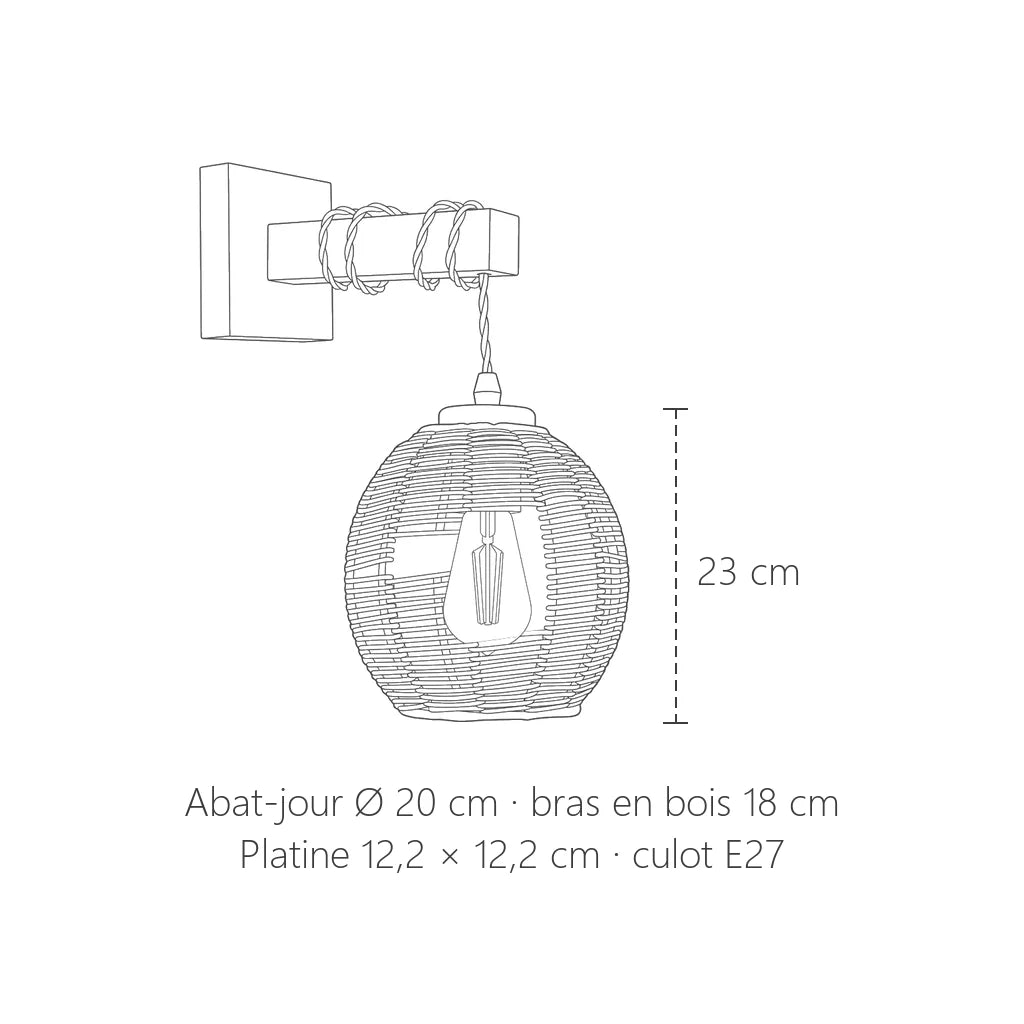 Dimensions de l'applique lanterne : abat-jour Ø 20 cm, 23 cm de haut