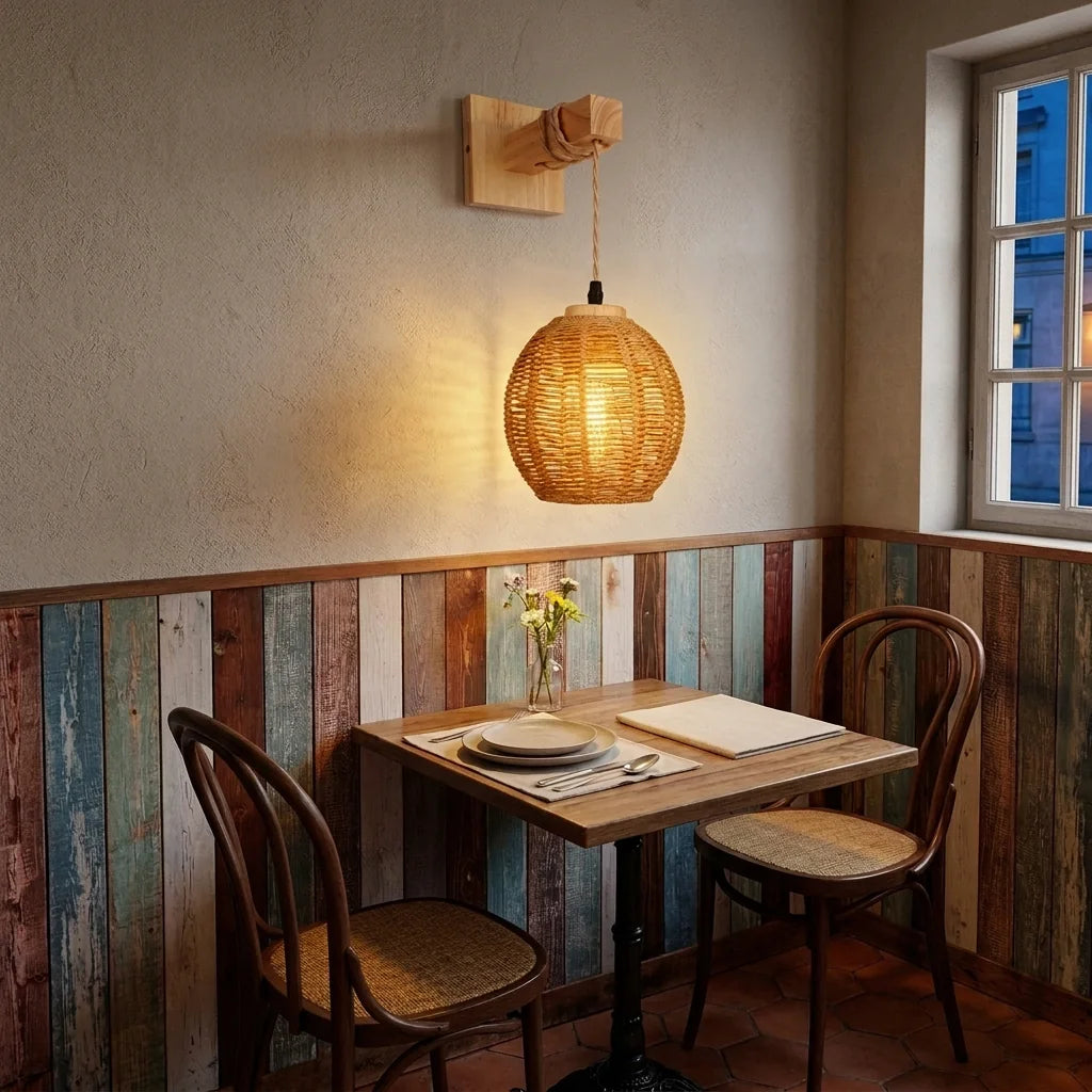 Applique lanterne en corde tressée au-dessus d'une table de bistrot