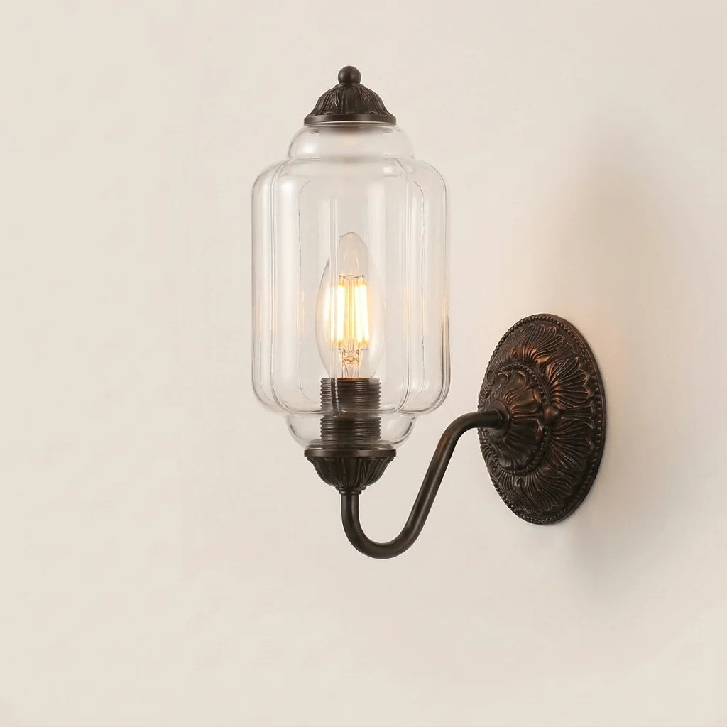 Applique lanterne en verre transparent et bronze noir, modèle A