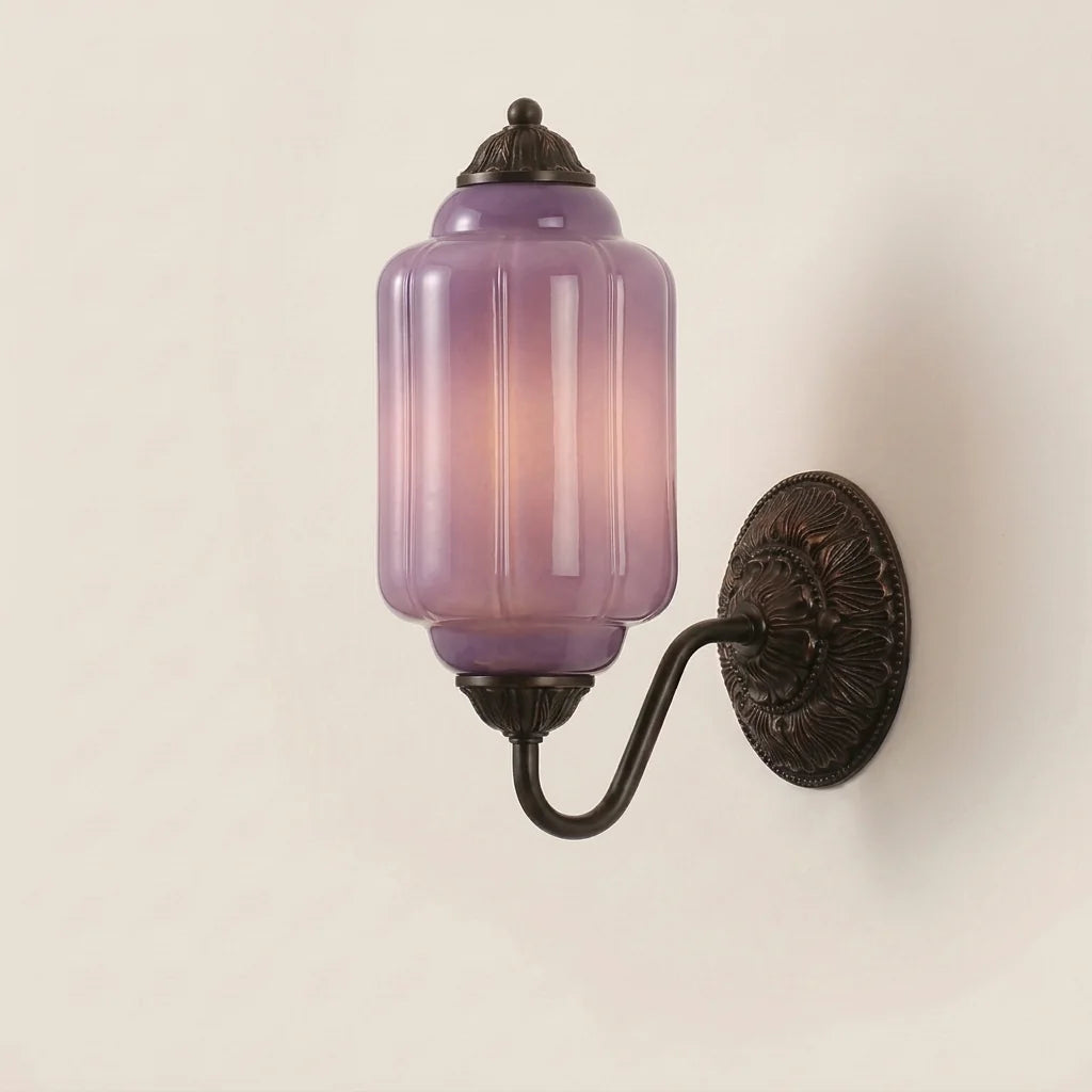 Applique lanterne en verre opalin violet et bronze noir, modèle A