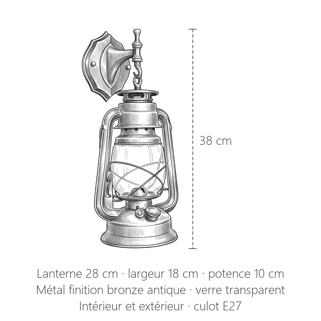Dimensions de la lanterne murale : 38 cm de haut, 18 cm de large
