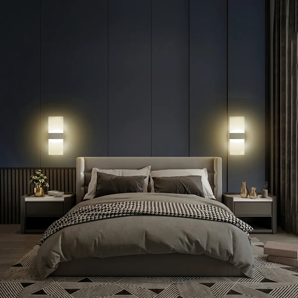Paire d'appliques LED acrylique dans une chambre bleu nuit