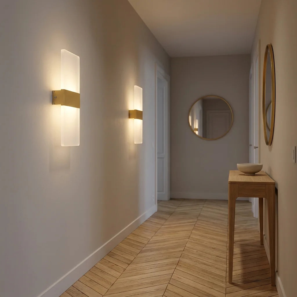 Deux appliques LED acrylique dorées dans un couloir à parquet