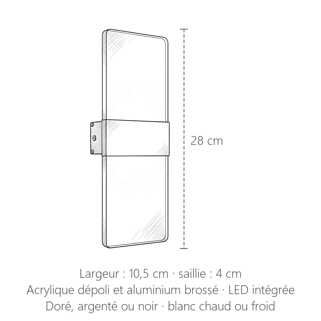 Dimensions de l'applique LED acrylique : 28 cm de haut, 10,5 cm de large