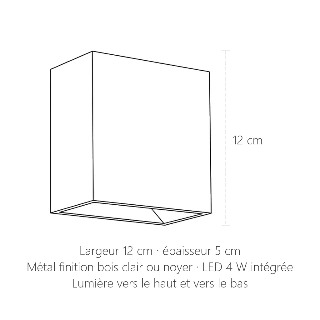 Dimensions de l'applique LED carrée : 12 × 12 cm, 5 cm d'épaisseur
