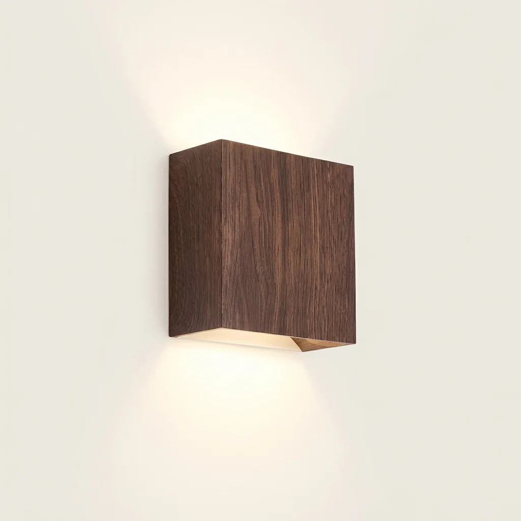 Applique murale LED carrée effet noyer, lumière haut et bas
