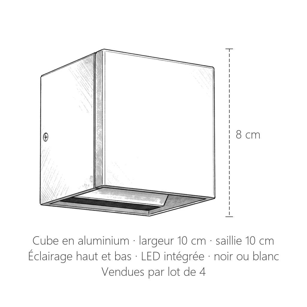Dimensions de l'applique LED cube : 10 × 10 cm, 8 cm de haut
