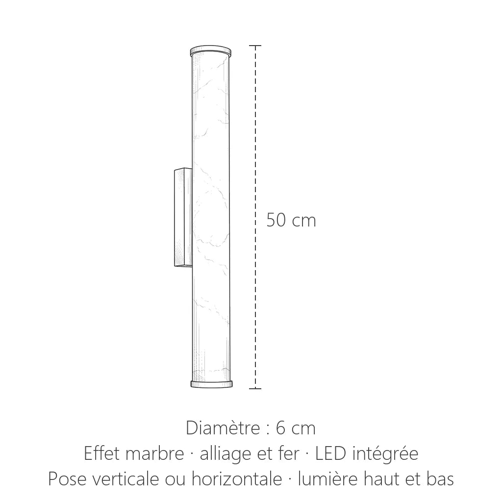 Dimensions de l'applique cylindre effet marbre : 50 cm de long, Ø 6 cm