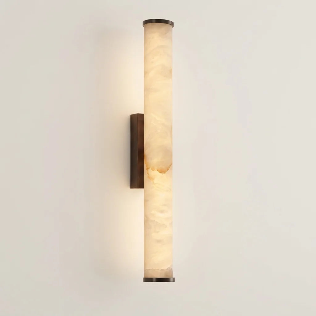 Applique murale LED cylindre effet marbre et bronze, allumée