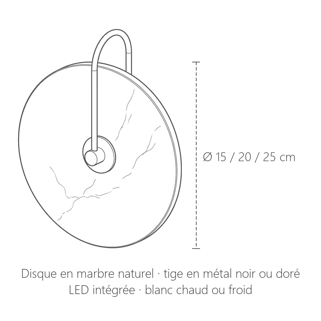 Dimensions de l'applique disque en marbre : Ø 15, 20 ou 25 cm