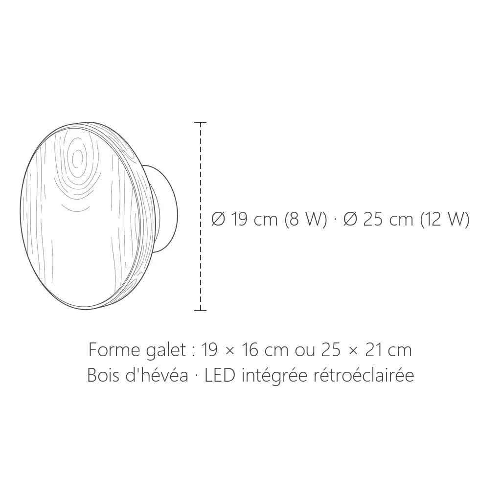 Dimensions de l'applique en bois rétroéclairée : Ø 19 ou 25 cm