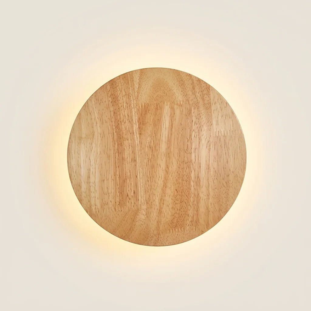 Applique murale LED ronde en bois rétroéclairée, allumée