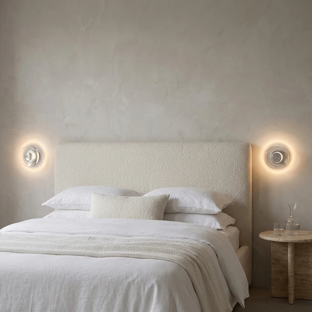 Paire d'appliques disque en cristal autour d'une tête de lit bouclette
